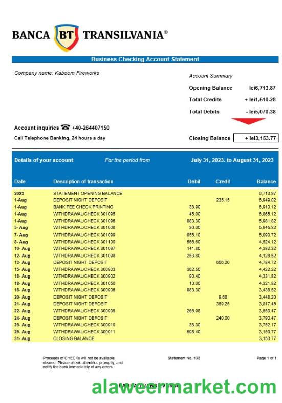 Banca Transilvania company account statement Word and PDF template